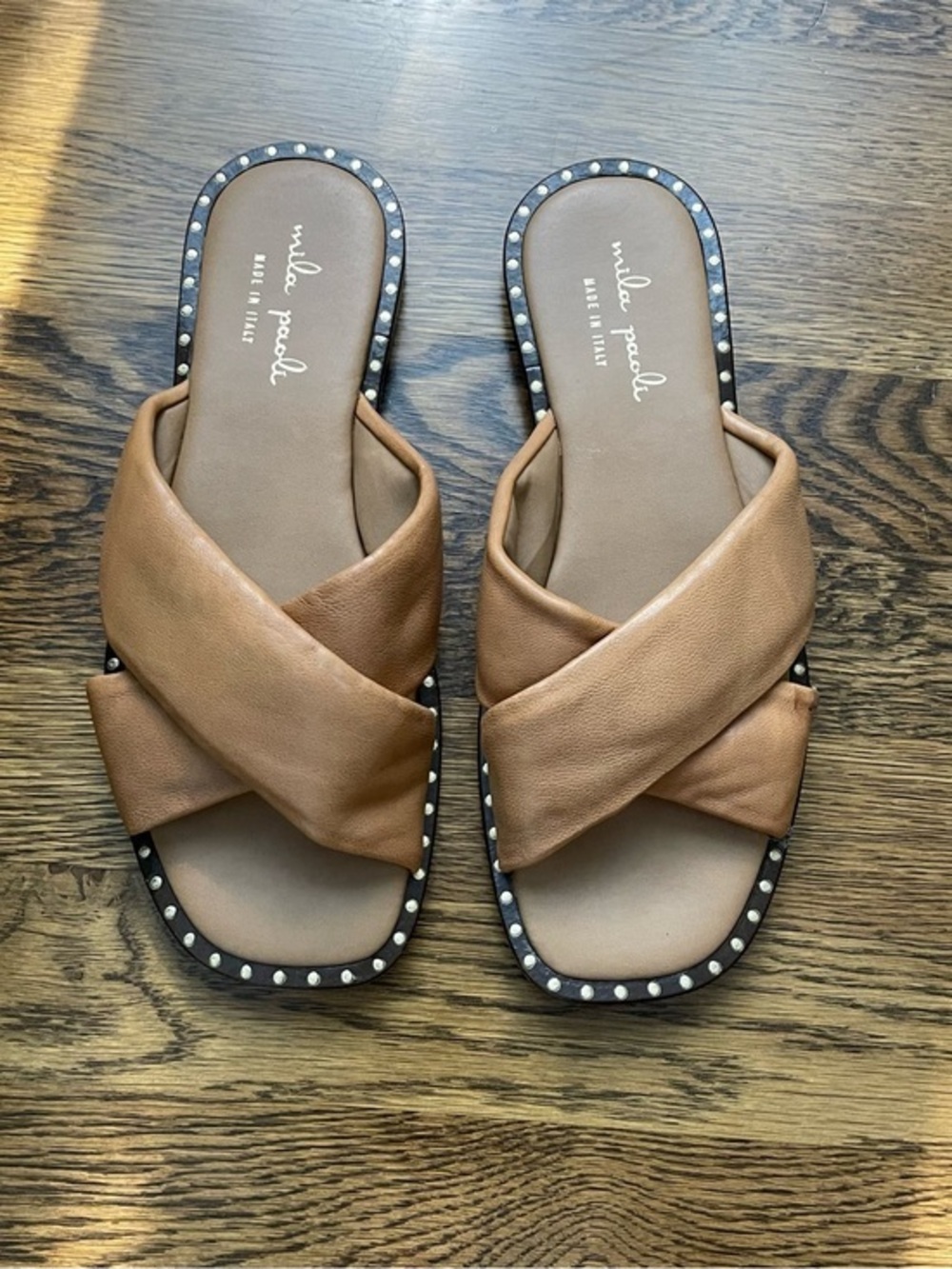 Made in Italy Mila Paoli Tan Leather Crisscross Slide Sandals